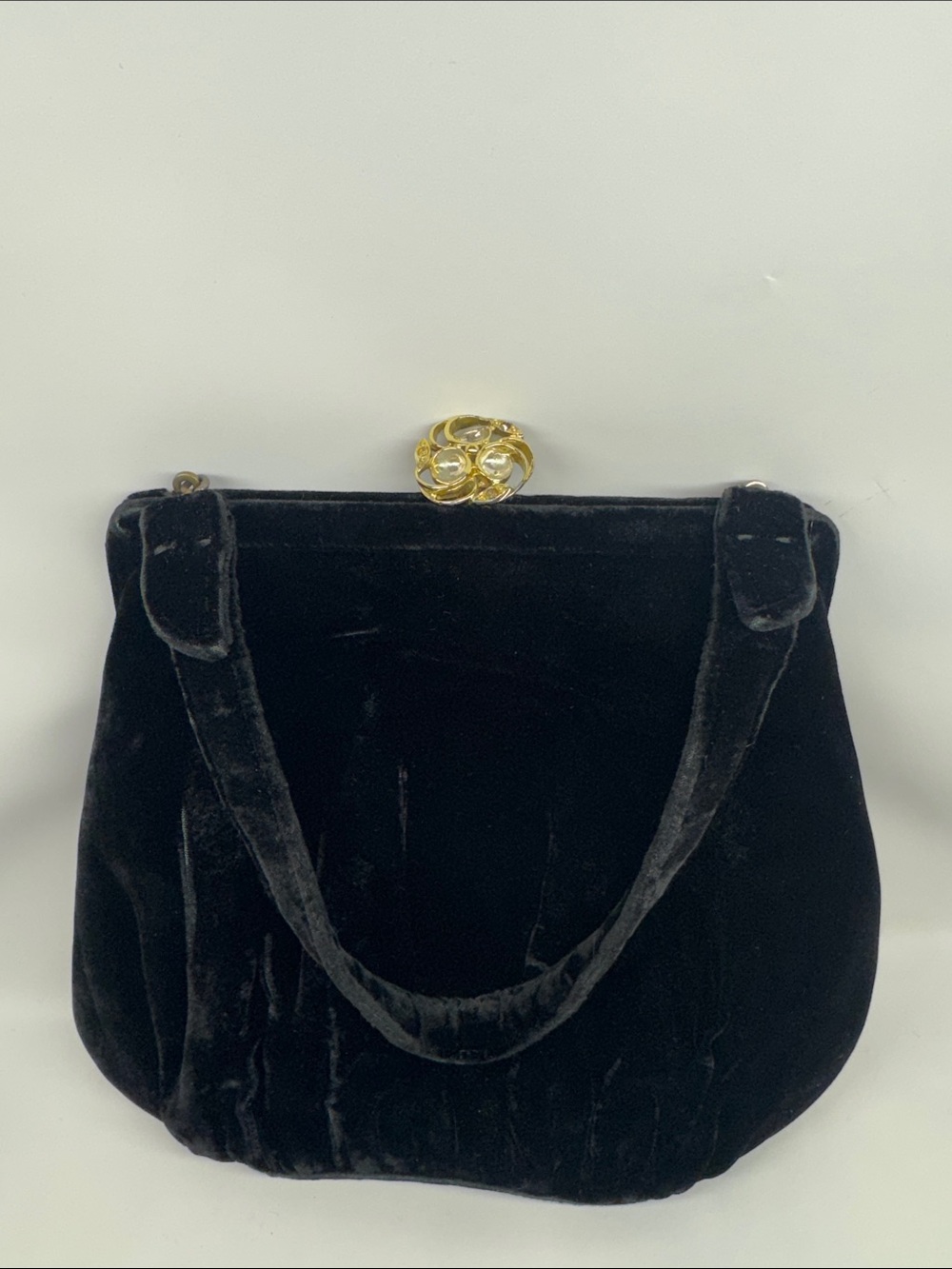 Vintage 1950s ER Miami Black Velvet Evening Bag Purse Mid-Century Swirl Clasp As